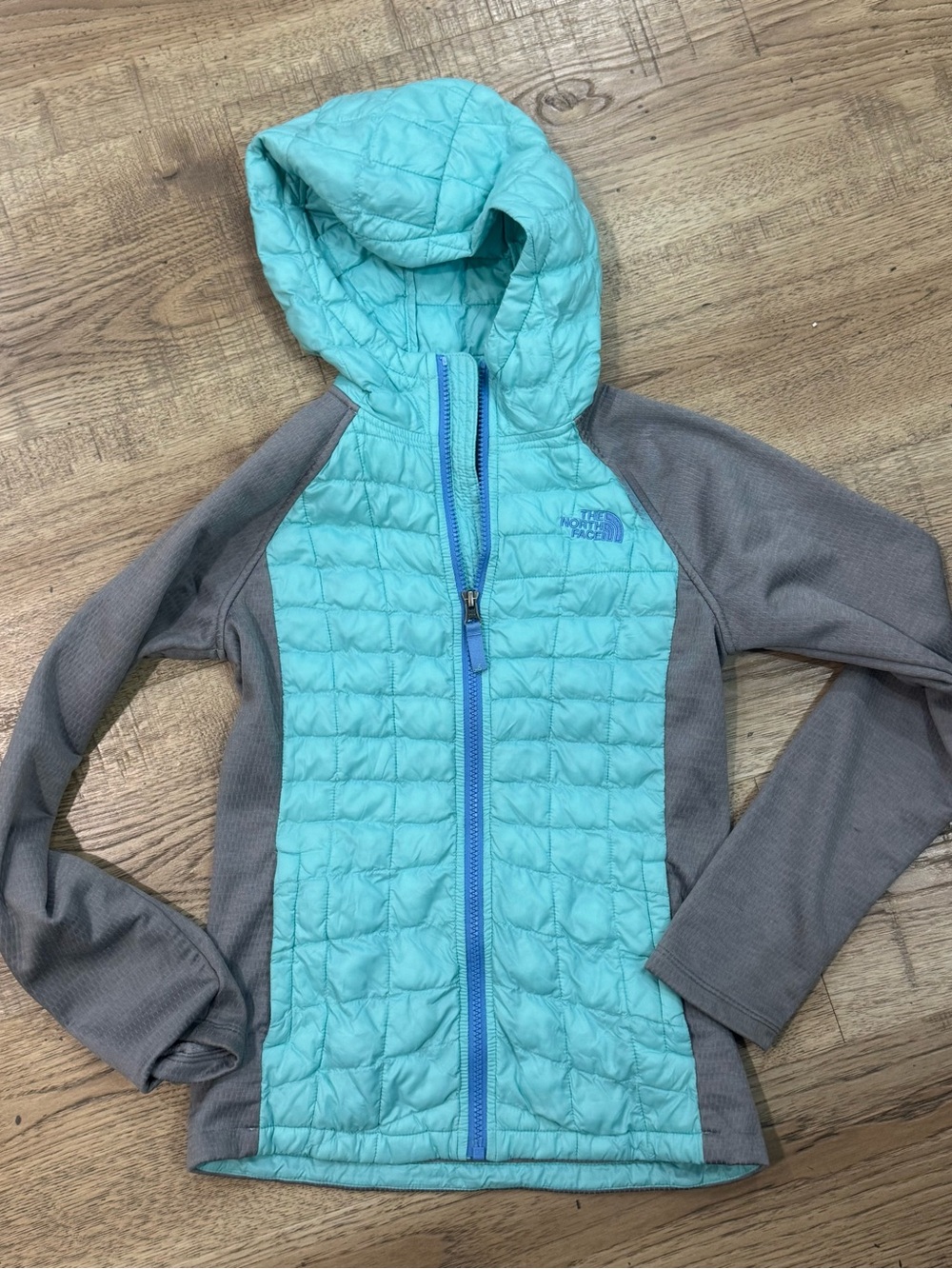 The North Face Women's Aqua and Gray Quilted Hooded Jacket